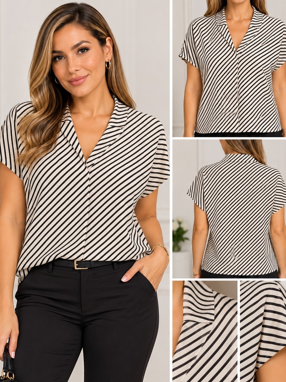 H&M Cream and Black Diagonal Stripe V-Neck Short Sleeve Blouse